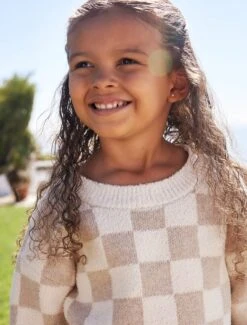 Toddler CozyChic® Cotton Checkered Pullover -Snuggle And Style BFD SS 24 BDKNV22479 Oatmeal Cream 1493